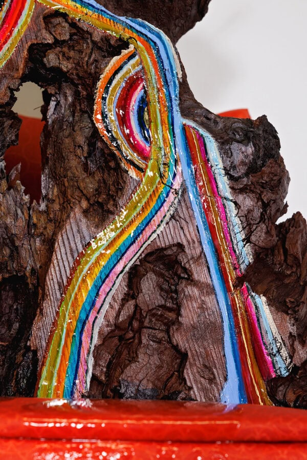 "Woodstock" Mixed Media Wall Sculpture, 40" x 20" x 18", Ancient Old-Growth Redwood on 1960s Vinyl Chair - Image 8