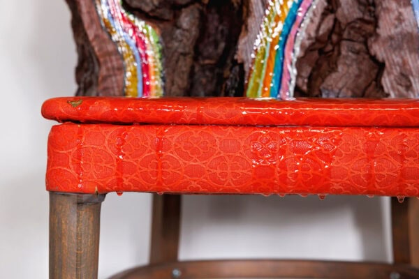 "Woodstock" Mixed Media Wall Sculpture, 40" x 20" x 18", Ancient Old-Growth Redwood on 1960s Vinyl Chair - Image 11