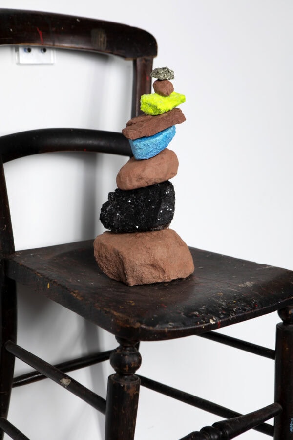 "Balancing Act" - SOLD Mixed Media Wall Sculpture, Late 1800s French Side Chair with Natural & Clay Stones - Image 4