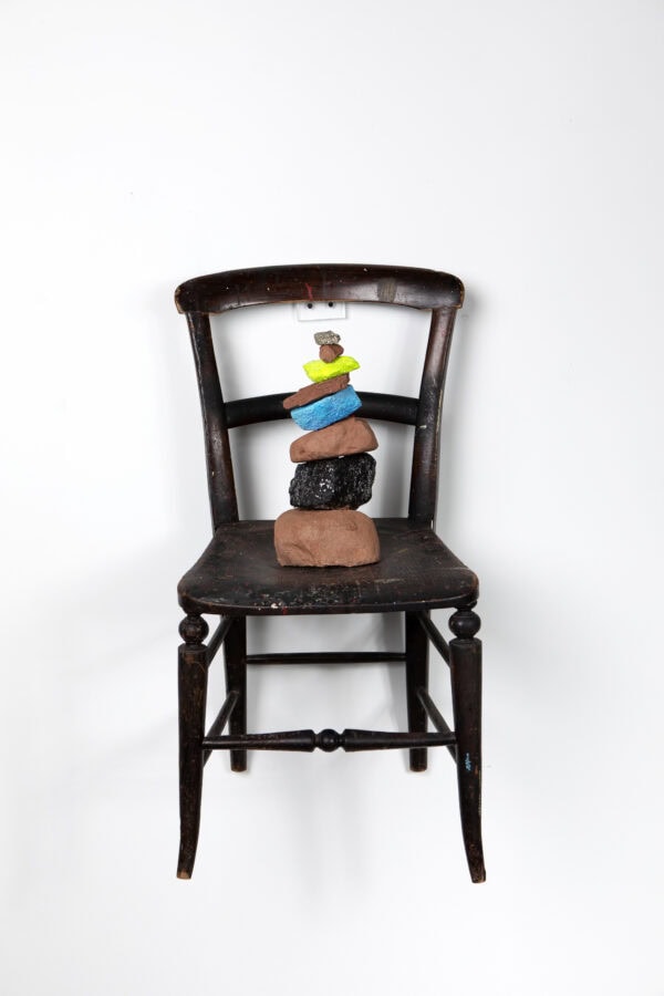 "Balancing Act" - SOLD Mixed Media Wall Sculpture, Late 1800s French Side Chair with Natural & Clay Stones