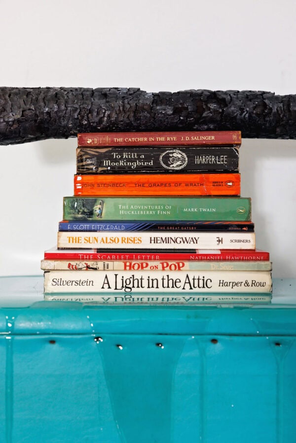 "Writes" Mixed Media Wall Sculpture, 17h" x 18w" x 16d", Banned Books & Charred Wood on 1950s Footstool - Image 6